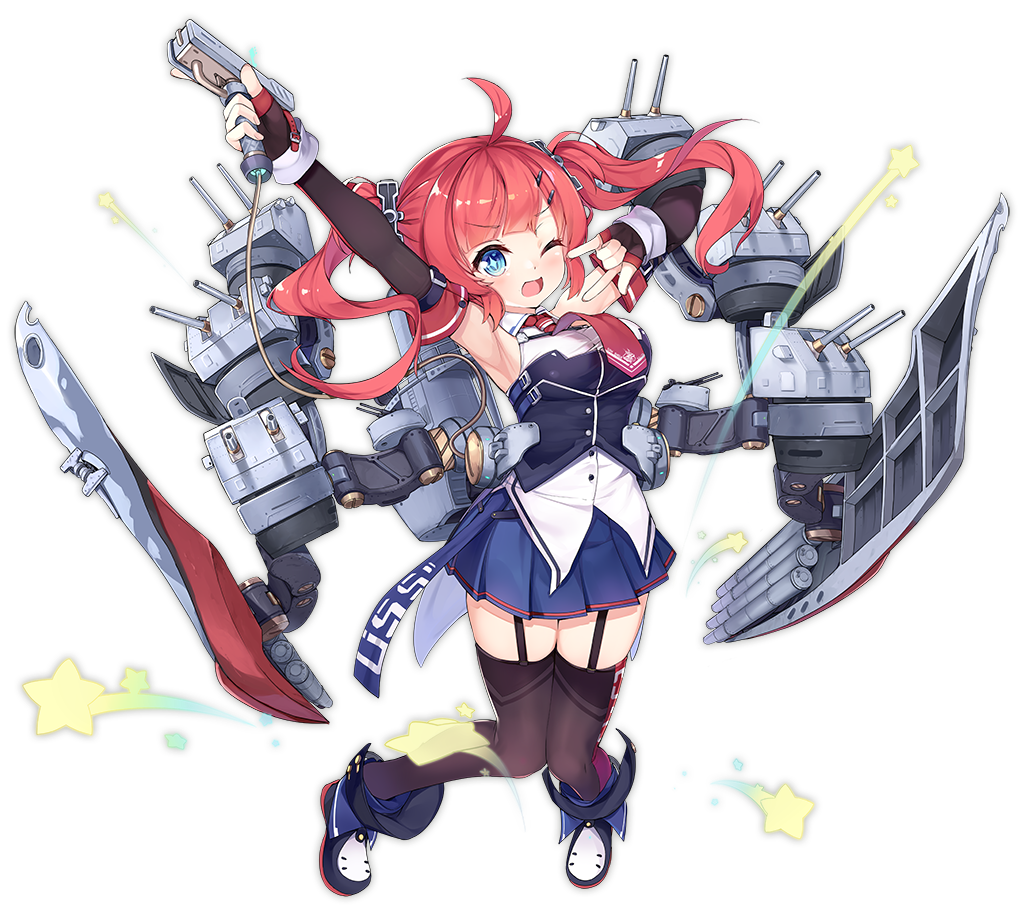 1girl armpits azur_lane blue_eyes breasts cannon detached_sleeves female_focus full_body jumping kaede_(yumesaki_kaede) looking_at_viewer necktie official_art one_eye_closed open_mouth red_hair remodel_(azur_lane) rigging san_diego_(azur_lane) san_diego_(retrofit)_(azur_lane) shoes solo star-shaped_pupils star_(symbol) symbol-shaped_pupils transparent_background twintails v
