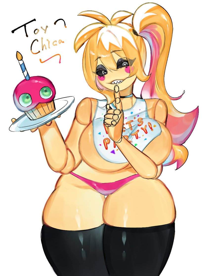 bib black_sclera blonde_hair blush_stickers breasts bright_pupils colored_sclera colored_skin cupcake eyelashes eyeshadow five_nights_at_freddy&#039;s five_nights_at_freddy&#039;s_2 food huge_breasts long_hair looking_at_viewer makeup robot sharp_teeth side_ponytail sideboob smile teeth thighhighs thighs togetoge toy_chica underboob white_pupils wide_hips yellow_skin zettai_ryouiki