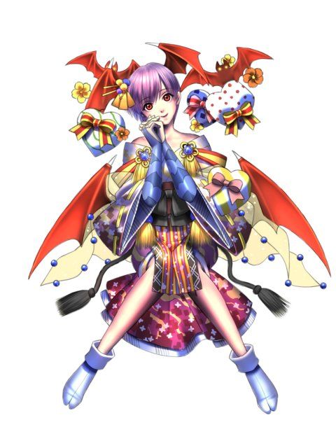 1girl alternate_costume artist_request bare_shoulders bat_(animal) bat_print bat_wings bridal_gauntlets capcom demon_girl gift head_wings japanese_clothes kimono lilith_(darkstalkers) obi official_art onimusha_soul purple_hair red_eyes sash short_hair split-toe_footwear demon_girl tabi valentine darkstalkers wings