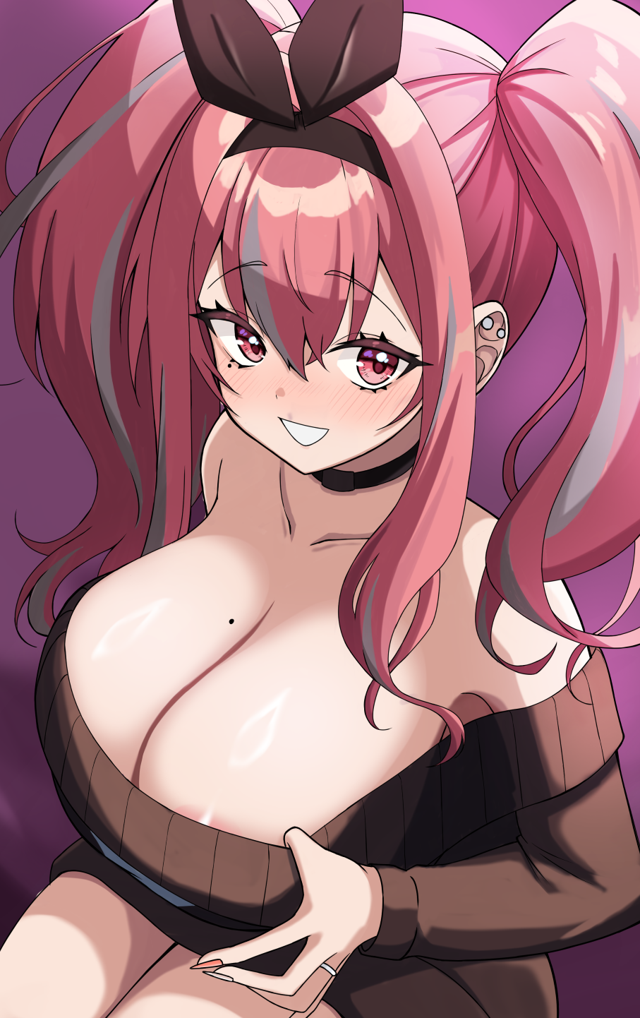 areola_slip azur_lane bare_shoulders blush breasts bremerton_(azur_lane) bremerton_(day-off_date)_(azur_lane) choker cleavage clothes_pull ear_piercing hair_ornament highres huge_breasts jewelry looking_at_viewer mahinatayuzu mole mole_on_breast multicolored_hair piercing pink_eyes pink_hair ring sweater twintails two-tone_hair