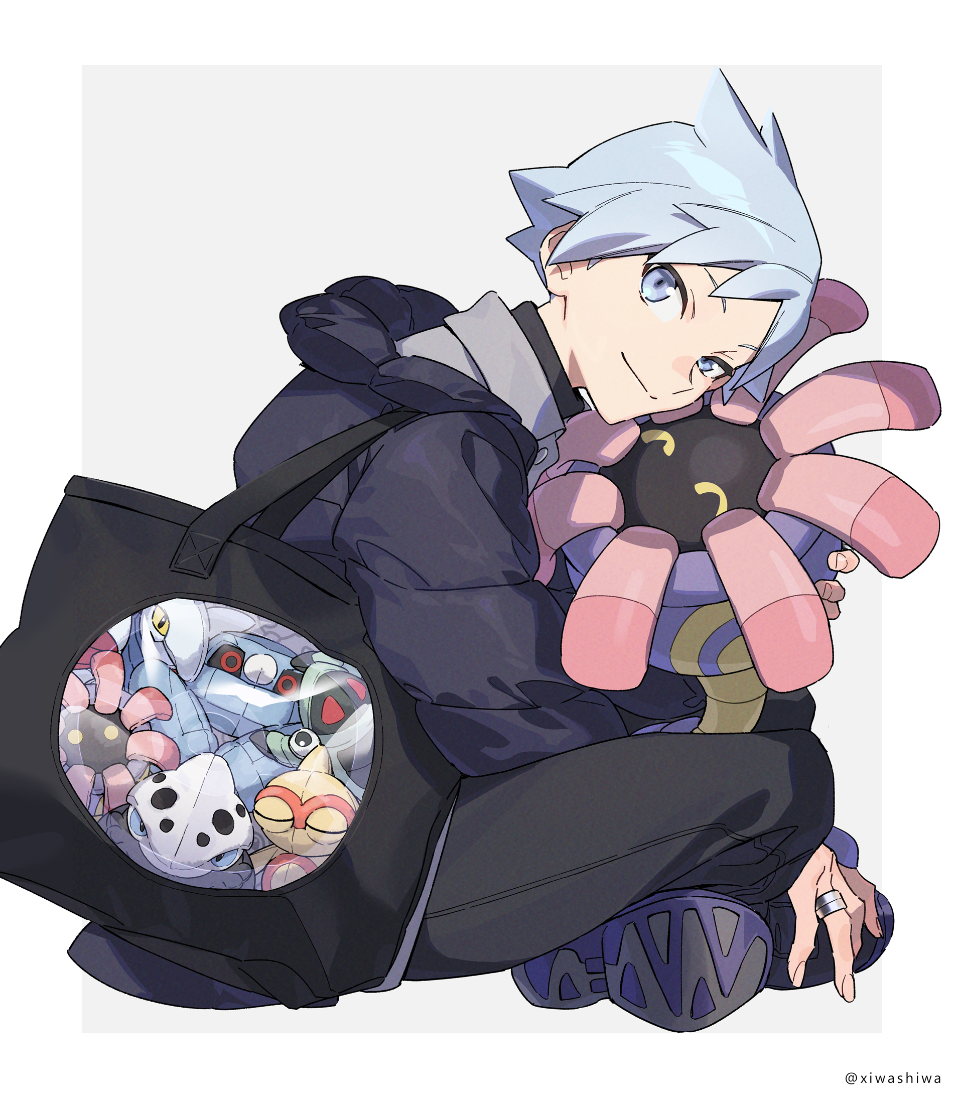1boy aged_down anorith baltoy black_bag black_pants coat commentary_request gen_2_pokemon gen_3_pokemon grey_eyes grey_hair head_down highres holding holding_pokemon jewelry lairon lileep looking_at_viewer male_focus metang nintendo pants pokemon pokemon_(creature) pokemon_rse ring shoes sitting skarmory smile steven_stone xia_(ryugo)