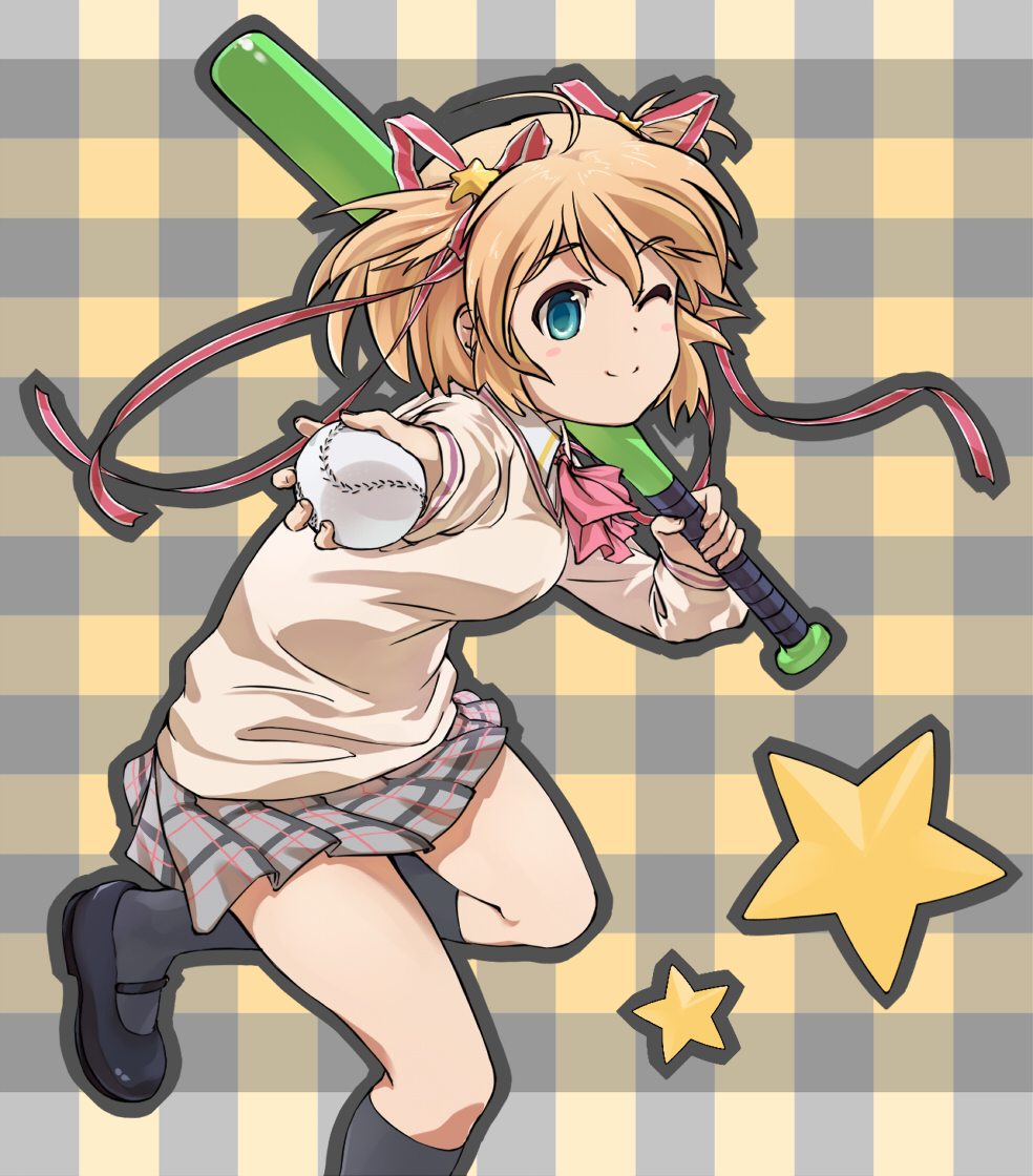 1girl baseball baseball_bat blonde_hair blue_eyes bow hair_ribbon kamikita_komari little_busters! nah one_eye_closed pink_bow plaid_background plaid_clothes plaid_skirt ribbon school_uniform short_hair skirt star_(symbol) wink