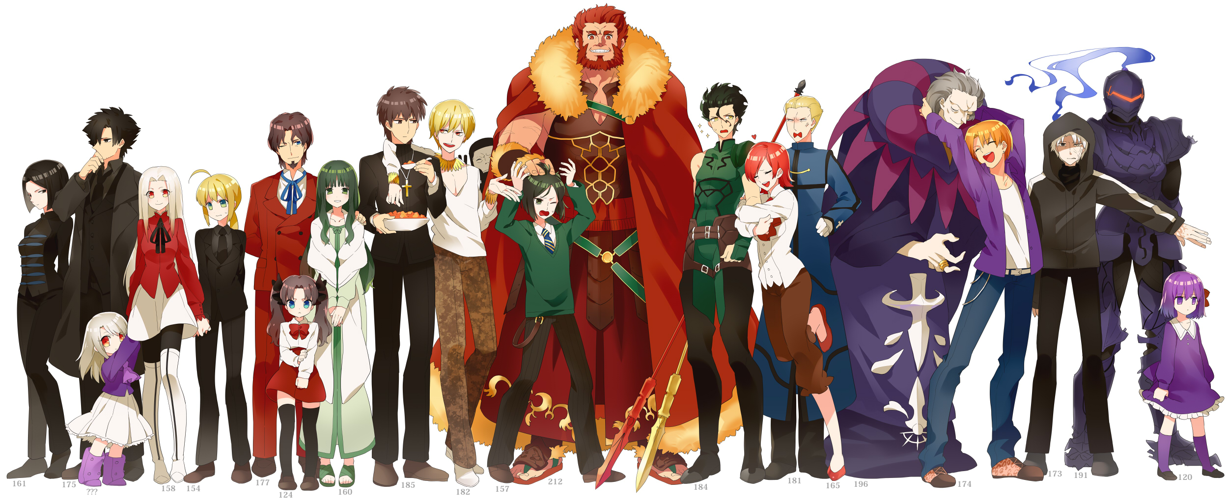 6+boys 6+girls :< ahoge anger_vein arm_around_neck arm_hug armor arms_up artoria_pendragon_(fate) ascot assassin_(fate/zero) beard berserker_(fate/zero) black_eyes black_hair black_socks blonde_hair blue_eyes boots bow bowl bowtie bracelet brown_eyes brown_hair cape capri_pants child closed_eyes coat cross cross_necklace diarmuid_ua_duibhne_(fate) diarmuid_ua_duibhne_(lancer)_(fate) dress dual_wielding emiya_kiritsugu everyone facial_hair fate/zero fate_(series) food formal_clothes full_armor fur_trim gilgamesh_(fate) gilles_de_rais_(caster)_(fate) gilles_de_rais_(fate) gloves goatee green_dress green_eyes green_hair gum_(gmng) gumidemo_kandero hair_bow hand_on_own_hip hand_on_shoulder heart height_chart height_difference highres hip_focus hisau_maiya holding holding_hands illyasviel_von_einzbern irisviel_von_einzbern iskandar_(fate) jacket jewelry kayneth_archibald_el-melloi kneehighs knight kotomine_kirei kotomine_kirei_(fate/zero) lineup long_hair long_image looking_at_viewer mapo_tofu matou_kariya matou_sakura matou_sakura_(fate/zero) multiple_boys multiple_girls neck_ribbon necklace necktie no_socks official_alternate_costume one_eye_closed open_mouth orange_hair pants pantyhose polearm ponytail purple_dress purple_eyes purple_hair purple_legwear red_eyes red_footwear red_hair ribbon ring saber_(fate) sandals shawl shoes short_hair sideburns simple_background skirt smile socks sola-ui_nuada-re_sophia-ri sparkle spear spoon standing standing_on_one_leg suit sweater thigh_boots thighhighs tohsaka_aoi tohsaka_rin tohsaka_rin_(fate/zero) tohsaka_tokiomi twintails uryuu_ryuunosuke v v-neck waver_velvet weapon white_background white_gloves white_hair white_legwear wide_image wink yellow_eyes zettai_ryouiki