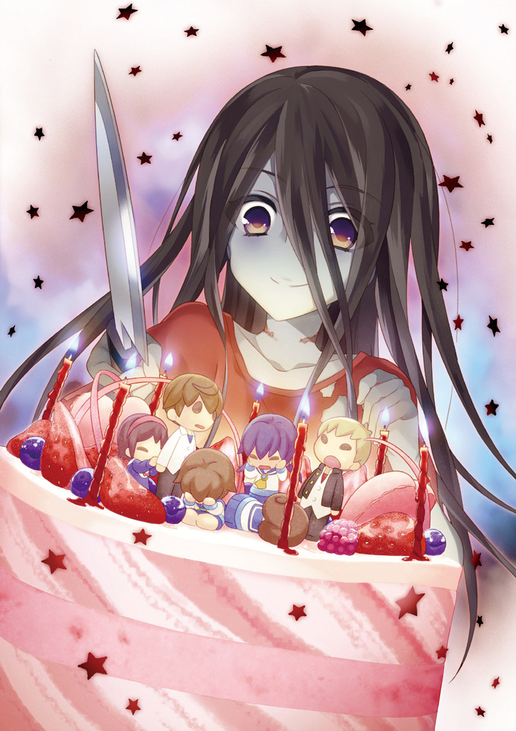 2boys 5girls artist_request black_hair blonde_hair blue_skin brown_hair bruise cake candle colored_skin corpse_party figure food fruit injury kishinuma_yoshiki knife mochida_satoshi mochida_yuka multiple_boys multiple_girls nakashima_naomi official_art purple_eyes shinohara_seiko shinozaki_ayumi shinozaki_sachiko smile strawberry
