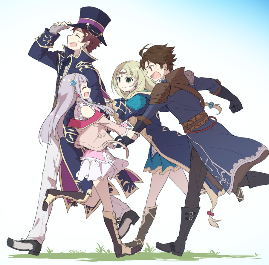 2boys 2girls :d arm_up atelier_(series) atelier_lulua belt black_footwear black_hat blue_coat blunt_bangs boots brown_hair christoph_aurel_arland circlet closed_eyes coat commentary_request elmerulia_frixell full_body green_eyes grey_hair hand_on_headwear hat heart jacket karasumi_(aiseec) knee_boots long_hair long_sleeves looking_at_another multiple_boys multiple_girls nicodemus_david_dieter open_mouth pants piana_(atelier) pink_jacket profile shoes short_hair smile standing top_hat walking walking_backwards white_pants