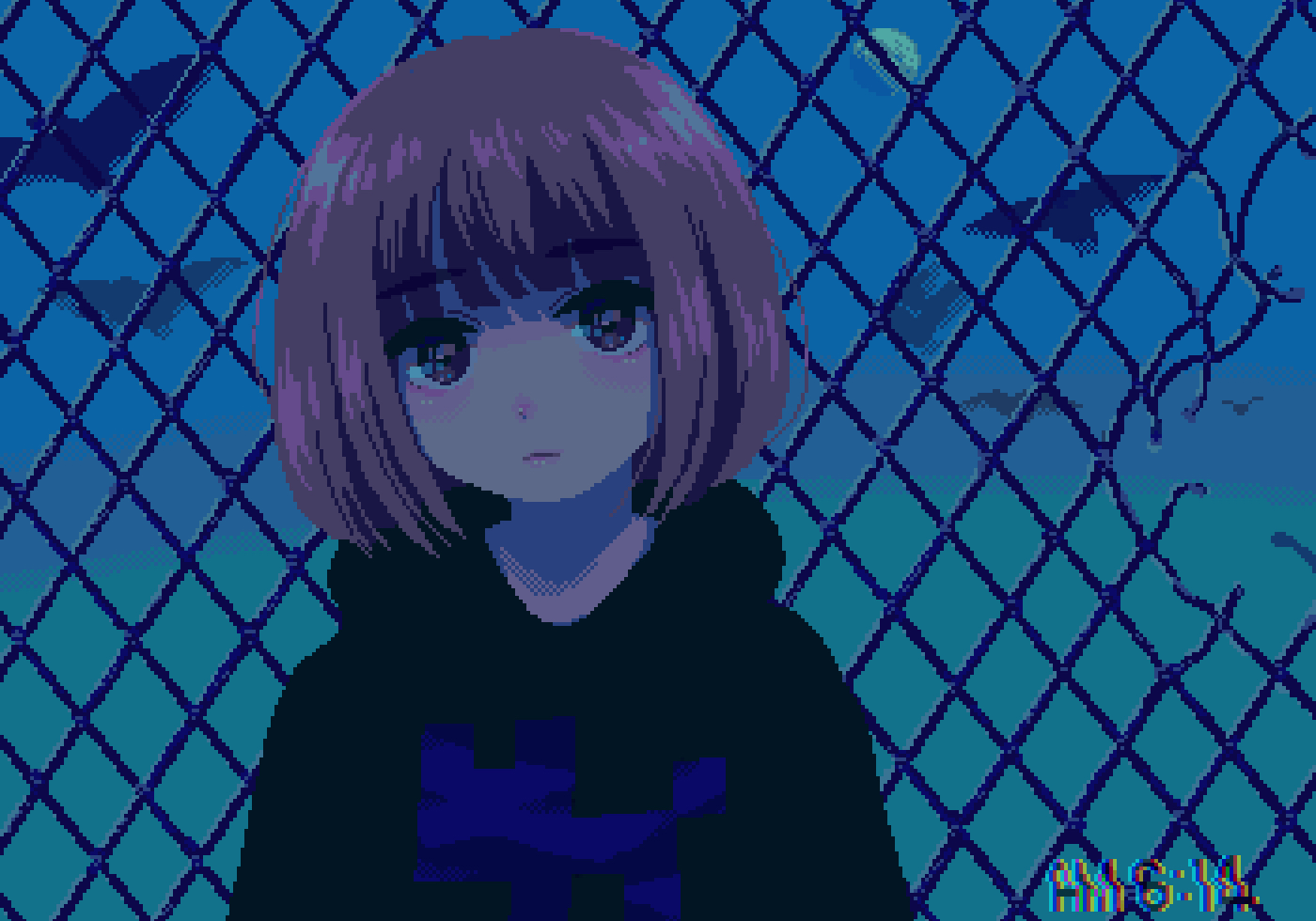 1girl :| arms_at_sides bird black_eyes black_hoodie blunt_bangs bob_cut brown_hair chain-link_fence clock closed_mouth digital_clock expressionless fence half_moon head_tilt hood hood_down hoodie long_sleeves looking_at_viewer medium_hair moon nanami_yuki_(yuki77mi) original pixel_art print_hoodie simple_bird solo straight-on upper_body warped