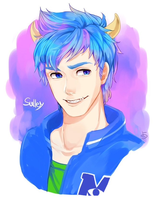 1boy animification blue_eyes blue_hair character_name horns humanization james_p._sullivan male_focus monsters_inc. monsters_university personification shirt short_hair smile teeth upper_body yokotn