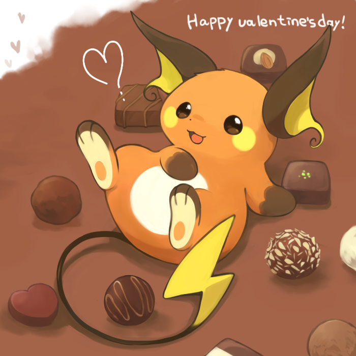 animal_focus brown_eyes candy chocolate chocolate_heart commentary_request food gen_1_pokemon happy_valentine heart heart-shaped_food konanbo lying nintendo no_humans on_back open_mouth pawpads pokemon pokemon_(creature) raichu solo undersized_animal