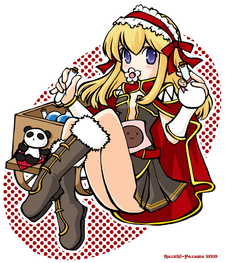 1girl 2010 blonde_hair blush boots bow breasts brown_boots brown_dress cape closed_mouth commentary_request creator_(ragnarok_online) dress flower flower_in_mouth frilled_hairband frills full_body fur-trimmed_boots fur_trim gloves hairband long_hair looking_at_viewer plunging_neckline polka_dot polka_dot_background potion pullcart purple_eyes ragnarok_online red_background red_bow red_cape red_hairband short_dress sitting small_breasts solo vial white_background white_flower white_gloves yazawa_kazuki
