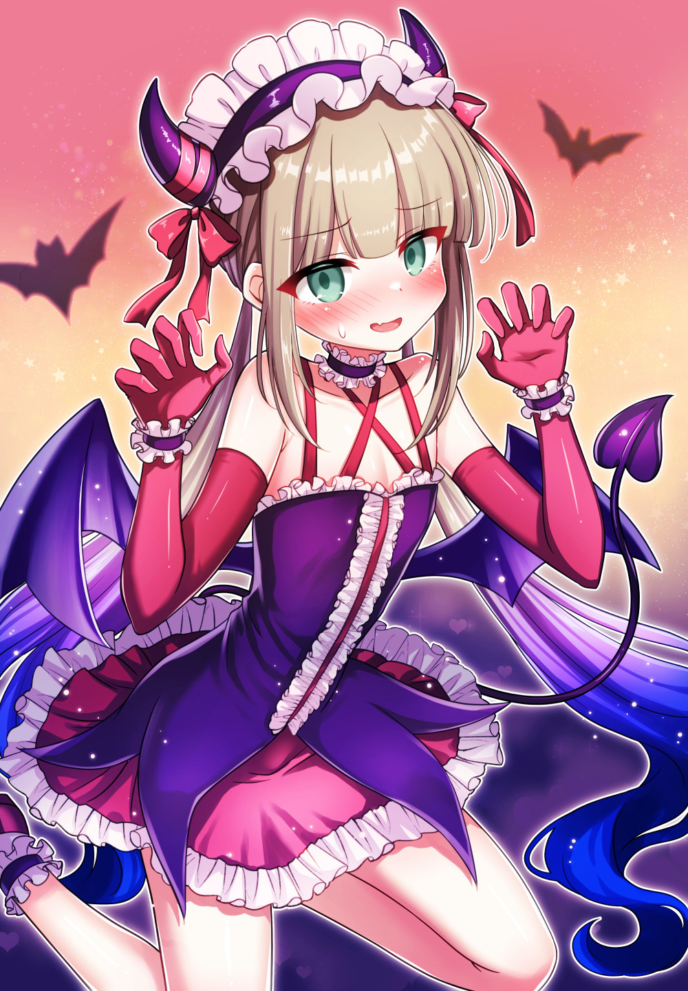 1boy bat_(animal) blonde_hair blue_dress blue_hair blush captain_nemo_(fate) demon_boy demon_horns demon_tail demon_wings dress elbow_gloves fake_horns fang fate/grand_order fate_(series) gloves gradient_hair halterneck highres horns long_hair looking_at_viewer multicolored_hair nemo_(fate) open_mouth red_gloves shell_ocean skin_fang smile solo tail trap very_long_hair wings