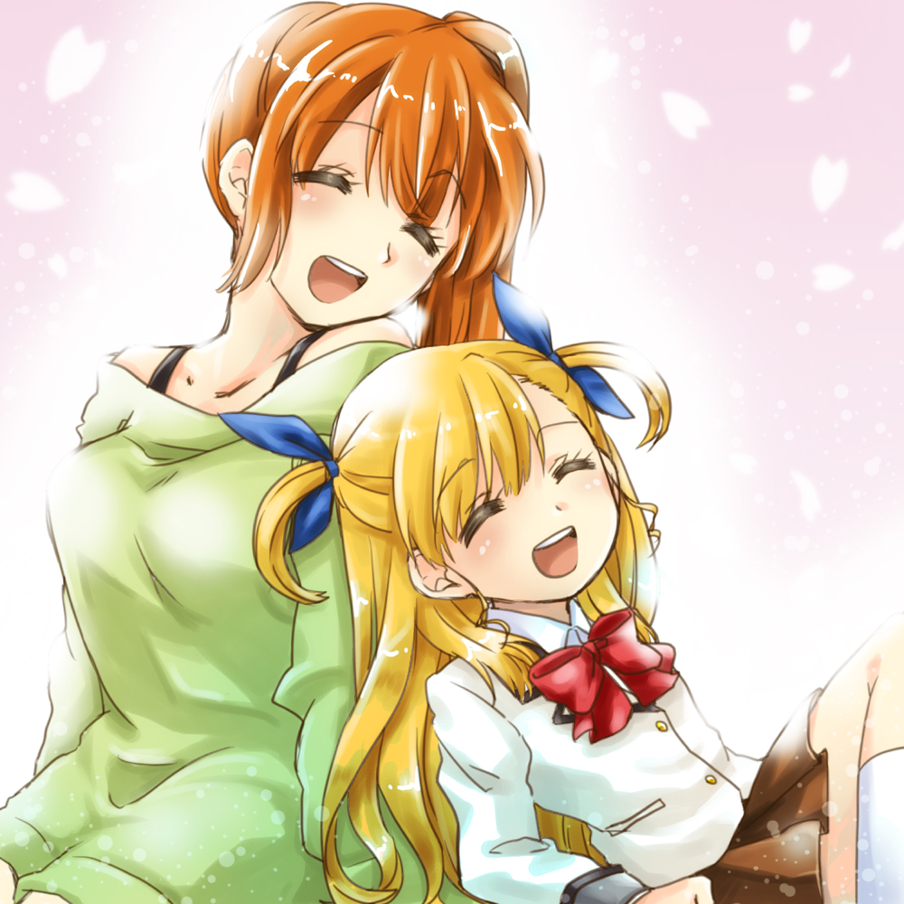 2girls back-to-back bow bowtie brown_hair brown_skirt commentary_request dress dress_shirt facing_another green_dress head_tilt jacket laughing leaning_back long_hair long_sleeves lyrical_nanoha mahou_shoujo_lyrical_nanoha_vivid miniskirt mother_and_daughter multiple_girls off_shoulder open_mouth pleated_skirt red_neckwear san-pon school_uniform shirt shirt_straps side_ponytail sitting skirt smile st._hilde_academy_of_magic_uniform sweater sweater_dress takamachi_nanoha two_side_up vivio white_jacket white_shirt