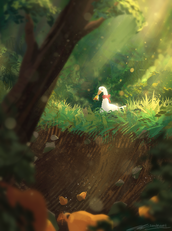 artist_name atmospheric_perspective bell bird day forest goose goose_(untitled_goose_game) holding holding_bell lens_flare nature neck_ribbon no_humans outdoors painterly ribbon scenery signature subsurface_scattering tree untitled_goose_game zandra