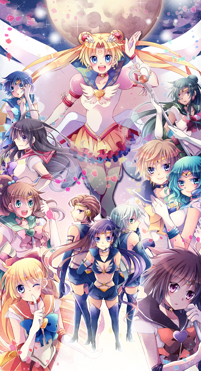 6+girls :d aino_minako aqua_hair back_bow bishoujo_senshi_sailor_moon black_choker black_hair black_legwear blonde_hair blue_bow blue_choker blue_eyes blue_hair blue_sailor_collar boots bow brooch brown_bow brown_hair choker commentary_request crescent crescent_facial_mark double_bun elbow_gloves eternal_sailor_moon facial_mark forehead_mark full_moon garnet_rod gloves green_eyes green_hair green_sailor_collar hair_bobbles hair_bun hair_ornament hairpin headset heart heart_brooch heart_wand high_ponytail hino_rei jewelry kaiou_michiru kino_makoto kokonoe_miya layered_skirt long_hair magical_girl meiou_setsuna mizuno_ami moon multiple_girls one_eye_closed open_mouth orange_choker orange_sailor_collar orange_skirt petals photoshop_(medium) pink_bow ponytail purple_bow purple_eyes purple_sailor_collar red_bow red_choker red_eyes red_sailor_collar revision ribbon sailor_collar sailor_jupiter sailor_mars sailor_mercury sailor_moon sailor_neptune sailor_pluto sailor_saturn sailor_senshi_uniform sailor_star_fighter sailor_star_healer sailor_star_maker sailor_uranus sailor_venus seiya_kou short_hair shorts single_hair_bun skirt smile staff star_(symbol) star_choker super_sailor_jupiter super_sailor_mars super_sailor_mercury super_sailor_neptune super_sailor_pluto super_sailor_saturn super_sailor_uranus super_sailor_venus taiki_kou ten&#039;ou_haruka thigh_boots thighhighs tiara tomoe_hotaru tsukino_usagi twintails very_short_hair white_hair wing_brooch yaten_kou