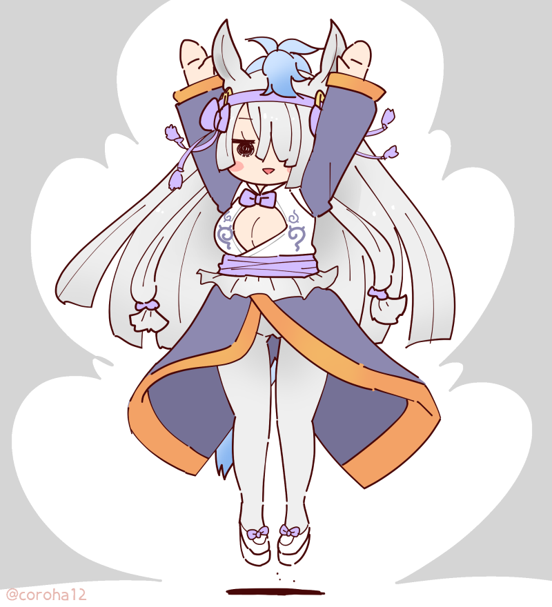 1girl animal_ears arms_up bow bowtie breasts cleavage cleavage_cutout clothing_cutout coroha dress extra_ears full_body grey_background grey_hair gyokuryu_(kemono_friends) hair_ornament hair_over_one_eye horse_ears horse_girl horse_tail jumping kemono_friends kemono_friends_3 large_breasts long_hair looking_at_viewer pantyhose shoes simple_background skirt solo tail