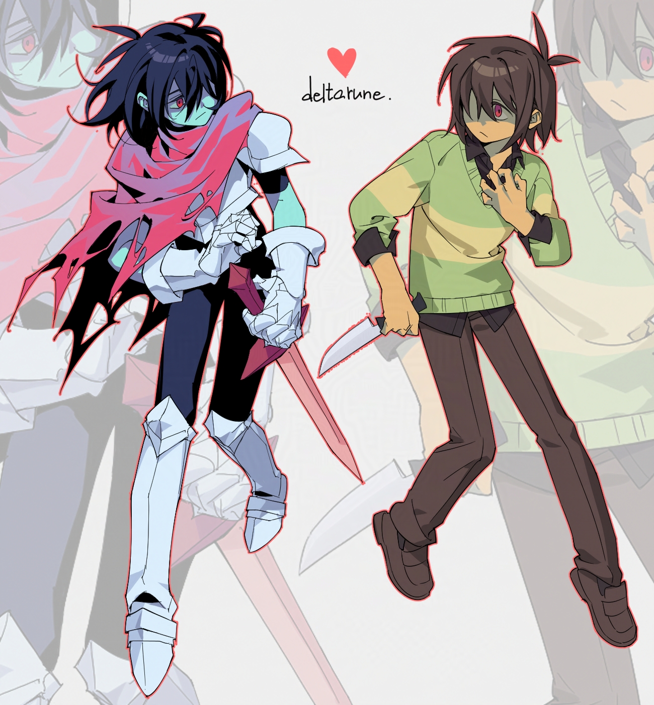 2others androgynous antenna_hair armor blue_hair blue_skin breastplate brown_pants brown_shoes cape colored_skin copyright_name deltarune dual_persona eye_contact full_body gauntlets greaves green_sweater grey_background hair_over_one_eye heart highres holding holding_knife knife kris_(deltarune) looking_at_another multiple_others one_eye_covered other_focus pants pauldrons pink_cape red_eyes sanbel780308 shoes shoulder_armor sweater zoom_layer