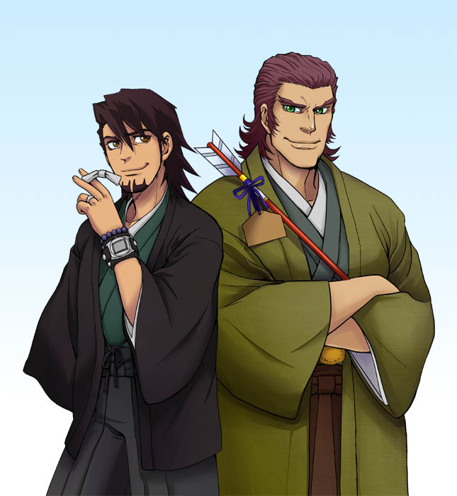 10s 2boys antonio_lopez arrow_(projectile) beard brown_eyes brown_hair facial_hair green_eyes hamaya japanese_clothes kaburagi_t._kotetsu kandagawa_gufu kimono male_focus manly multiple_boys tiger_&amp;_bunny