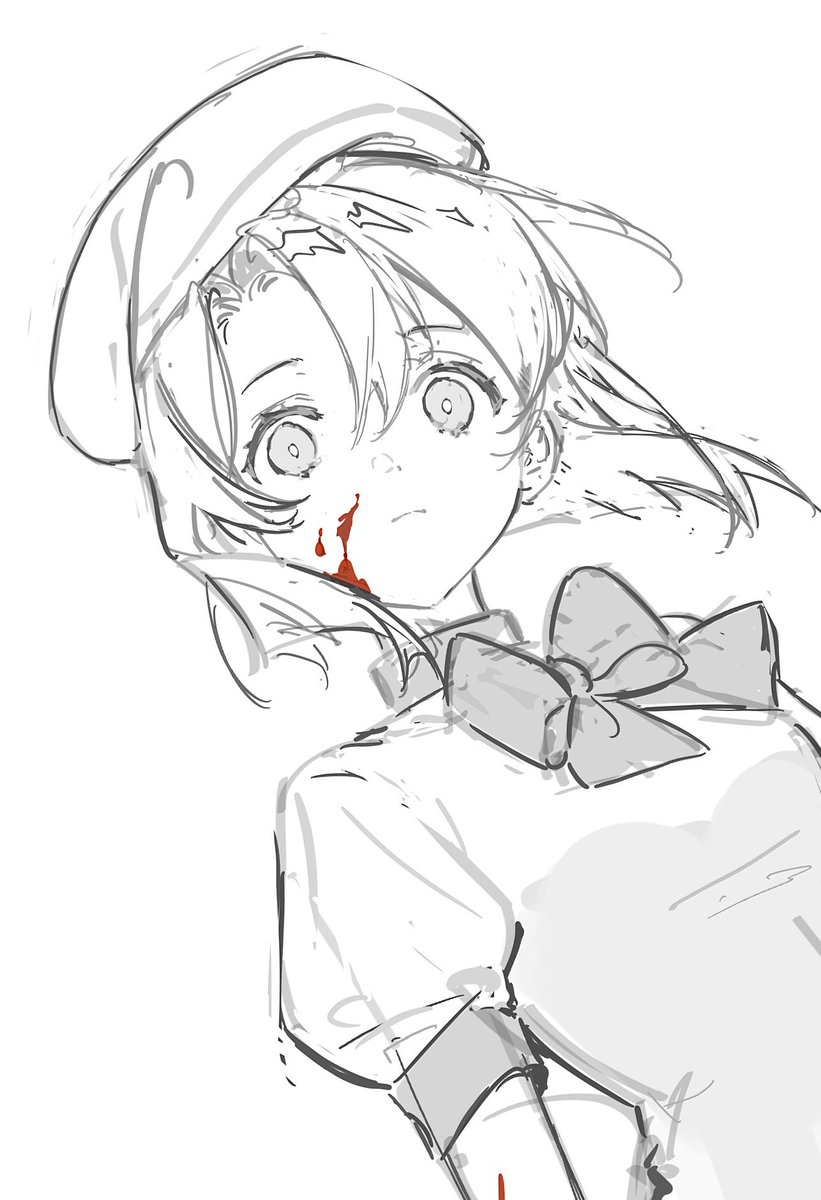 1girl blood blood_on_cheek blood_on_face closed_mouth commentary curtained_hair dress dutch_angle empty_eyes english_commentary expressionless floating_hair frown greyscale hat highres higurashi_no_naku_koro_ni monochrome neck_ribbon puffy_short_sleeves puffy_sleeves ribbon ryuuguu_rena short_hair short_sleeves simple_background sketch solo soybean_(hisoybean) spot_color staring upper_body white_background