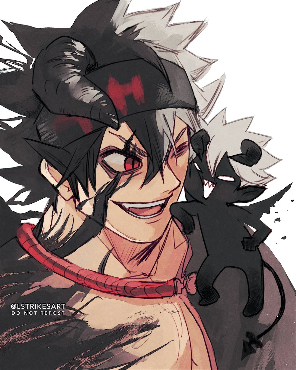 2boys asta_(black_clover) black_capelet black_clover black_hair black_headband body_markings capelet commentary demon_horns facial_mark fang grey_hair hair_between_eyes headband highres horns liebe_(black_clover) lightningstrikes long_bangs looking_at_another multicolored_hair multiple_boys one_eye_closed open_mouth red_eyes sharp_teeth simple_background single_horn smile spiked_hair teeth twitter_username white_background