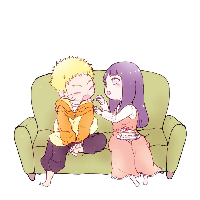 1boy 1girl blonde_hair cake chibi closed_eyes couch couple feeding food green_upholstery hyuuga_hinata naruto:_the_last naruto_(series) oretto_(ring) plate purple_eyes purple_hair simple_background spoon uzumaki_naruto