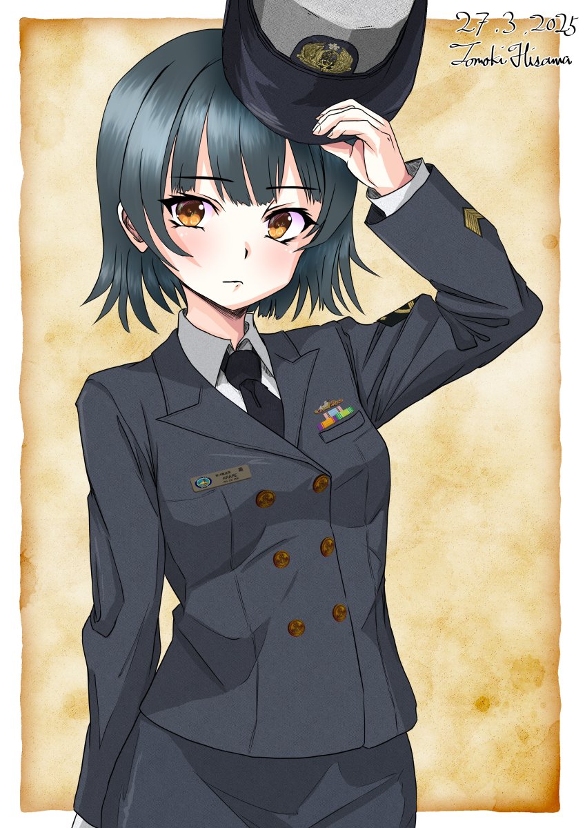 1girl alternate_costume arare_(kancolle) black_hair black_jacket black_necktie black_skirt brown_eyes buttons collared_shirt commentary_request cowboy_shot double-breasted dress_shirt female_service_cap highres hisamatomoki jacket kantai_collection military_dress_uniform military_uniform naval_dress_uniform naval_uniform necktie one-hour_drawing_challenge ribbon_bar shirt short_hair skirt solo white_shirt