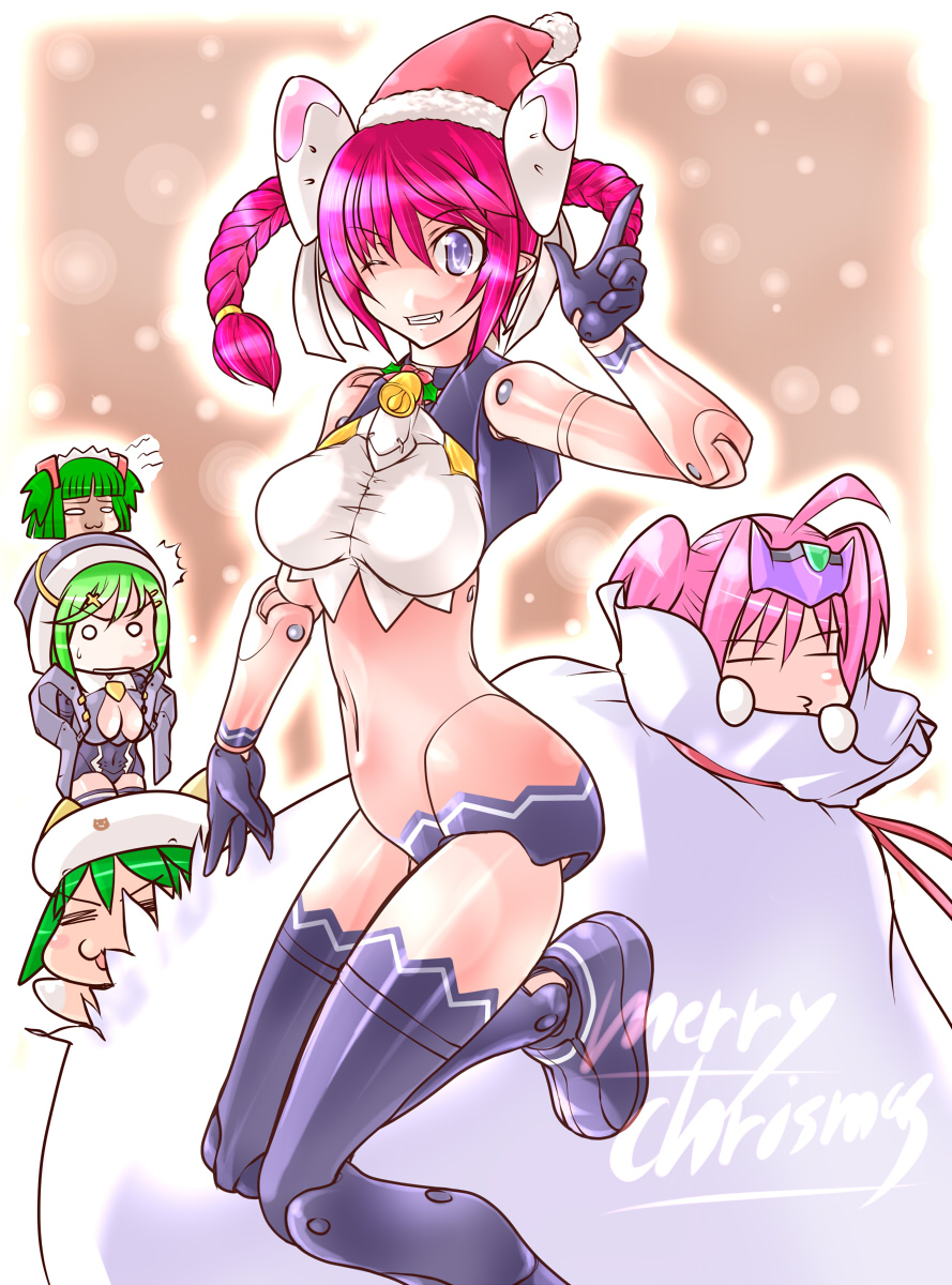 10s 5girls beatmania_iidx bemani braid busou_shinki chibi christmas darui_hito doll_joints eukrante green_hair harmony_grace highres hishimiya_tsugaru joints maochao mecha_musume multiple_girls pink_hair twin_braids vespelio