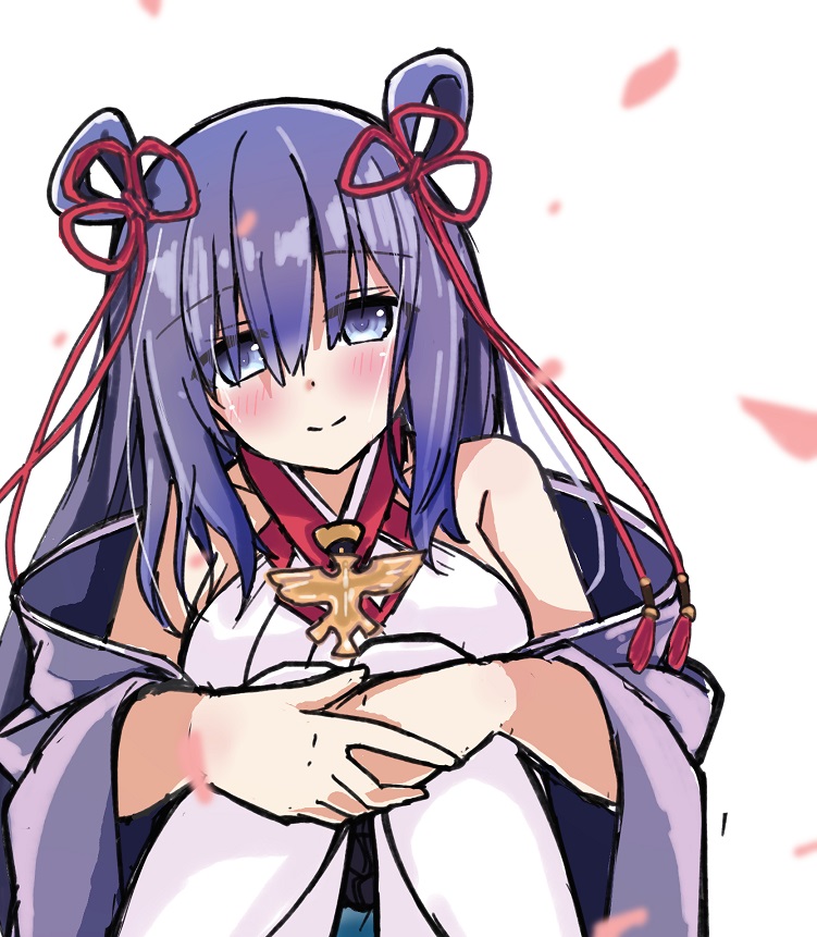 1girl atsushi_(aaa-bbb) bare_shoulders blue_eyes blue_hair blush closed_mouth detached_collar detached_sleeves falling_petals flower_knot hair_rings haori holding_own_wrist japanese_clothes knees_up kumano_sanshou_gongen_nagamitsu long_hair off_shoulder open_mouth petals sketch smile solo tenka_hyakken thighhighs white_thighhighs