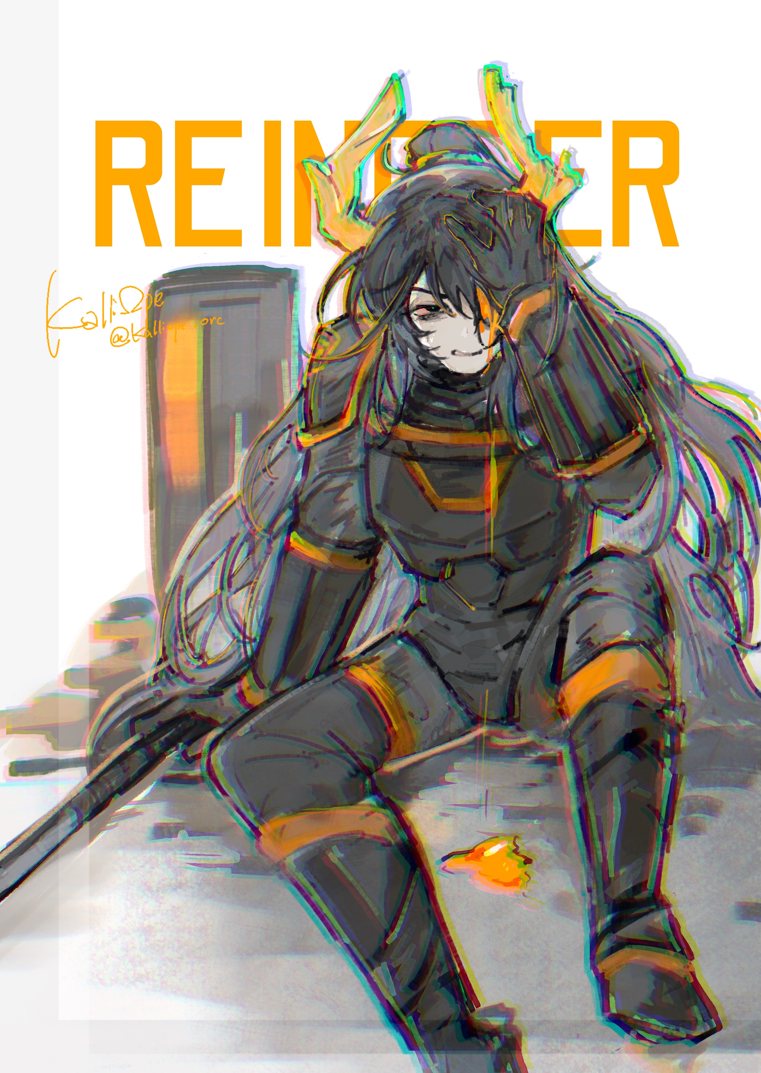 1boy absurdres antlers armor black_hair blood blood_from_mouth bloodshot_eyes blurry chromatic_aberration clenched_teeth english_text full_body grabbing_own_hair green_outline hand_on_own_face high_ponytail highres holding holding_polearm holding_weapon hong_lu_(project_moon) horns kalliope_orc limbus_company long_hair male_focus on_ground orange_blood outline polearm ponytail project_moon r_corp._(identity)_(project_moon) sitting solo spread_legs teeth very_long_hair weapon