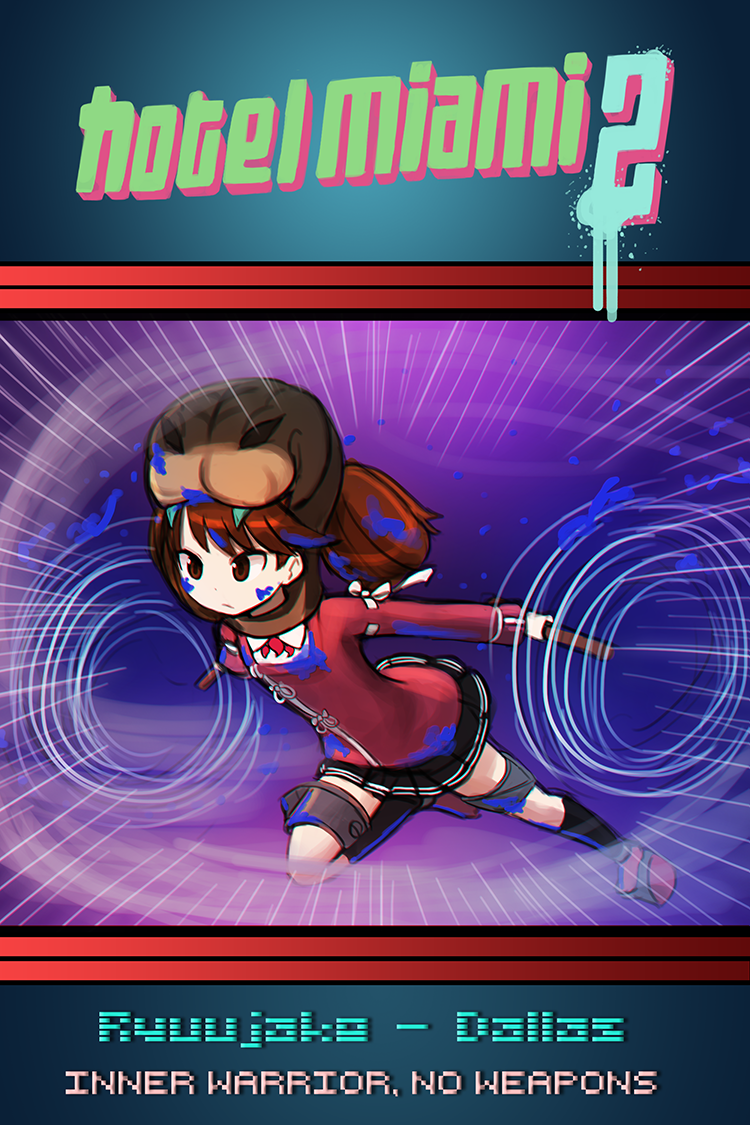 1girl black_socks blood blood_on_clothes blood_on_face blue_blood brown_eyes brown_hair character_name colored_blood commentary copyright_name dallas_(hotline_miami) emphasis_lines hotline_miami hotline_miami_2:_wrong_number japanese_clothes kantai_collection kariginu kneehighs lumineko nunchaku parody pun ryuujou_(kancolle) snake_mask socks title_parody twintails weapon