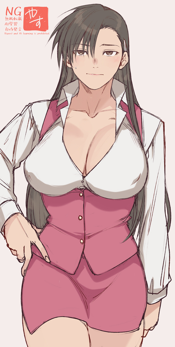 1girl asymmetrical_bangs black_hair black_lagoon breasts brown_eyes cleavage large_breasts long_hair long_sleeves looking_at_viewer okajima_rokuro pink_skirt shirt simple_background skirt watermark white_shirt yasunososaku