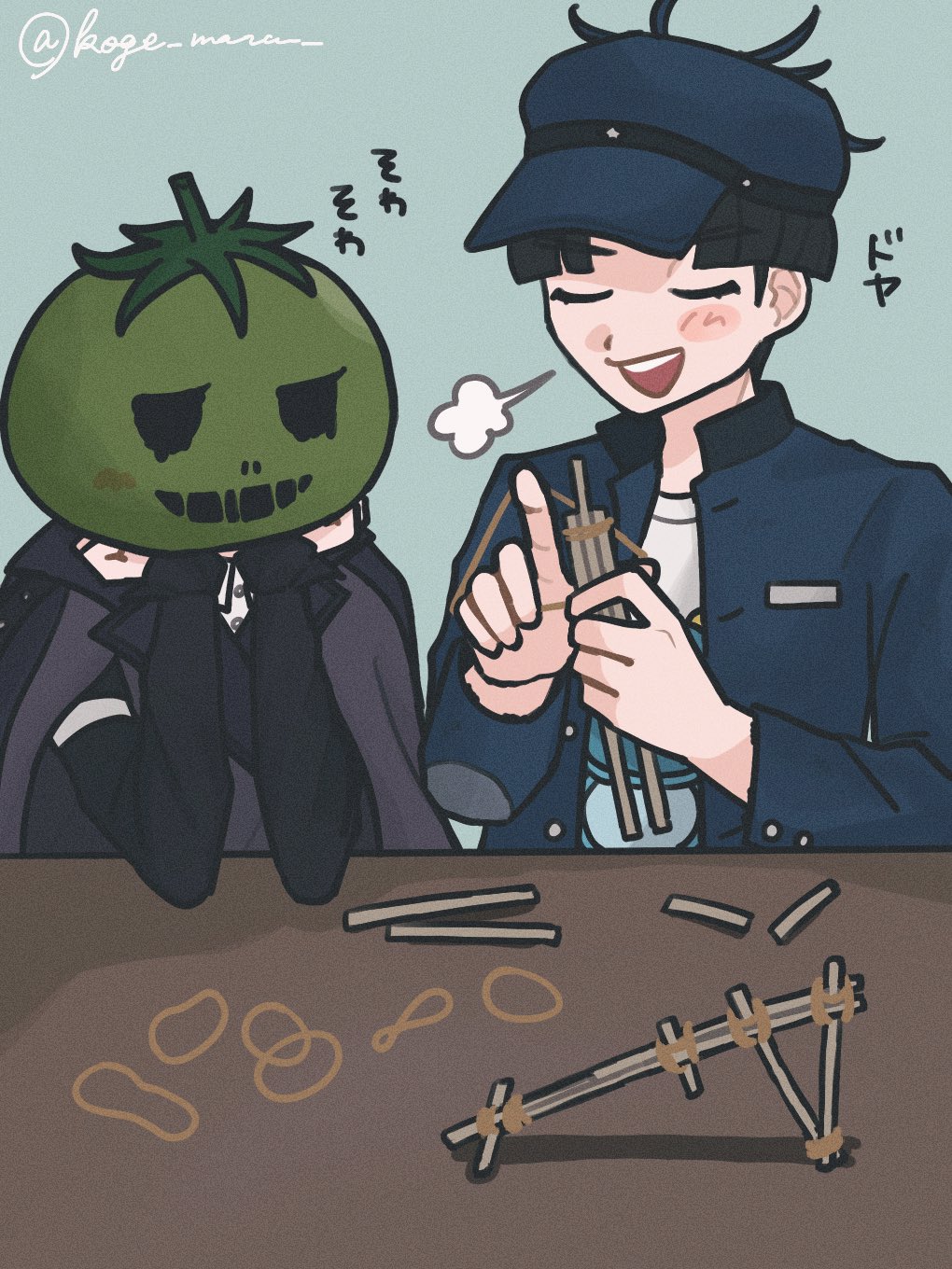 1boy 1girl black_hair blue_background blue_hat blue_jacket blush closed_eyes hands_up hat head_on_hand highres jacket japanese_text maruko_gaku mask mask_on_head oosuzuki_kurara open_mouth rubber_band rubber_band_gun simple_background the_hundred_line_-last_defense_academy- tomato upper_body