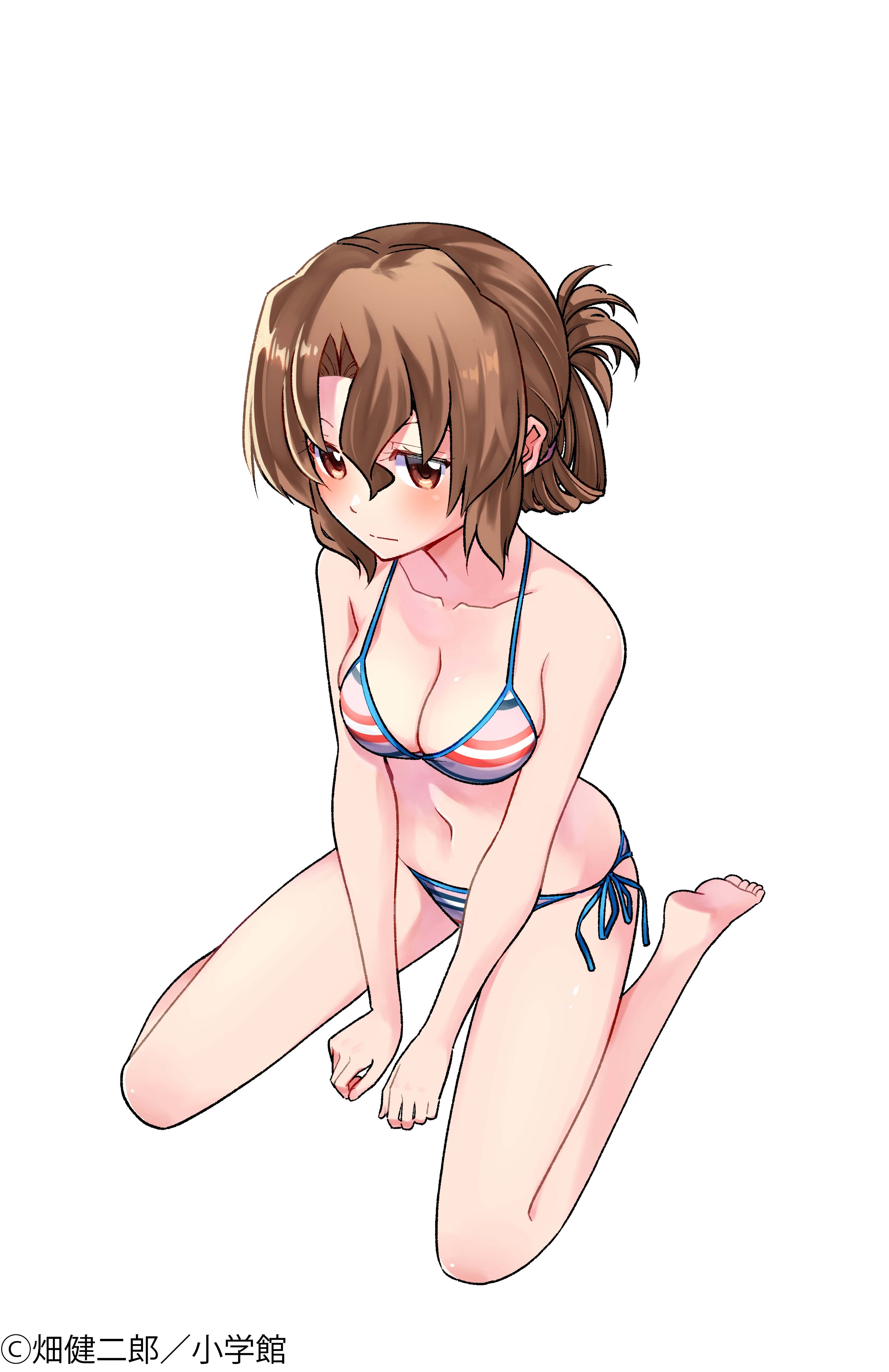 1girl absurdres bare_shoulders bikini blush breasts brown_hair cleavage collarbone feet folded_ponytail hata_kenjirou hayate_no_gotoku! highres large_breasts legs looking_at_viewer looking_up maria_(hayate_no_gotoku!) navel official_art red_eyes simple_background solo stomach striped_bikini striped_clothes swimsuit thighs toes white_background