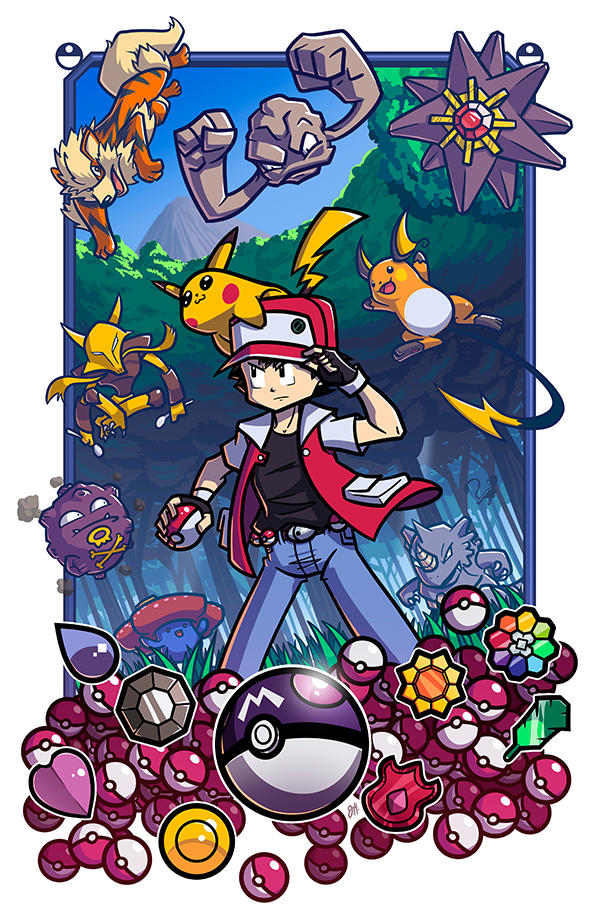 1boy alakazam arcanine badge ball baseball_cap blue_sky boulder_badge cascade_badge creature day denim dutch_angle earth_badge fingerless_gloves floating gen_1_pokemon geodude gloves grass badge_(pokemon) hat holding holding_ball holding_poke_ball holding_spoon jeans joehoganart koffing legs_apart male_focus marsh_badge master_ball mountain nintendo on_head outdoors pants pikachu poke_ball poke_ball_(basic) pokemon pokemon_(creature) pokemon_on_head pokemon_rgby raichu rainbow_badge red_(pokemon) rhydon serious short_sleeves sky smoke soul_badge spoon standing starmie thunder_badge tree vileplume volcano_badge
