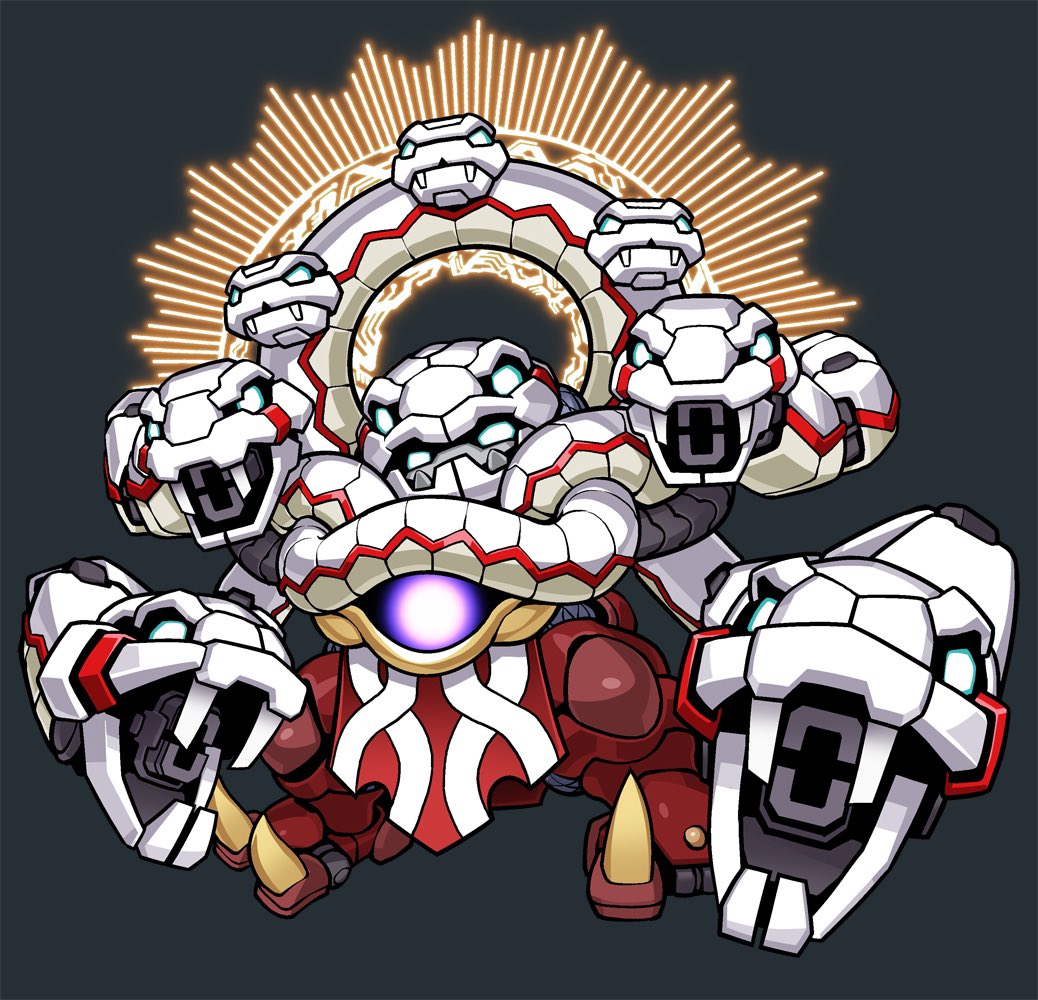arm_cannon blue_eyes chibi crossed_arms extra_eyes fujisawa_naoyuki glowing glowing_eyes grey_background looking_at_viewer mecha no_humans open_mouth original robot science_fiction snake weapon