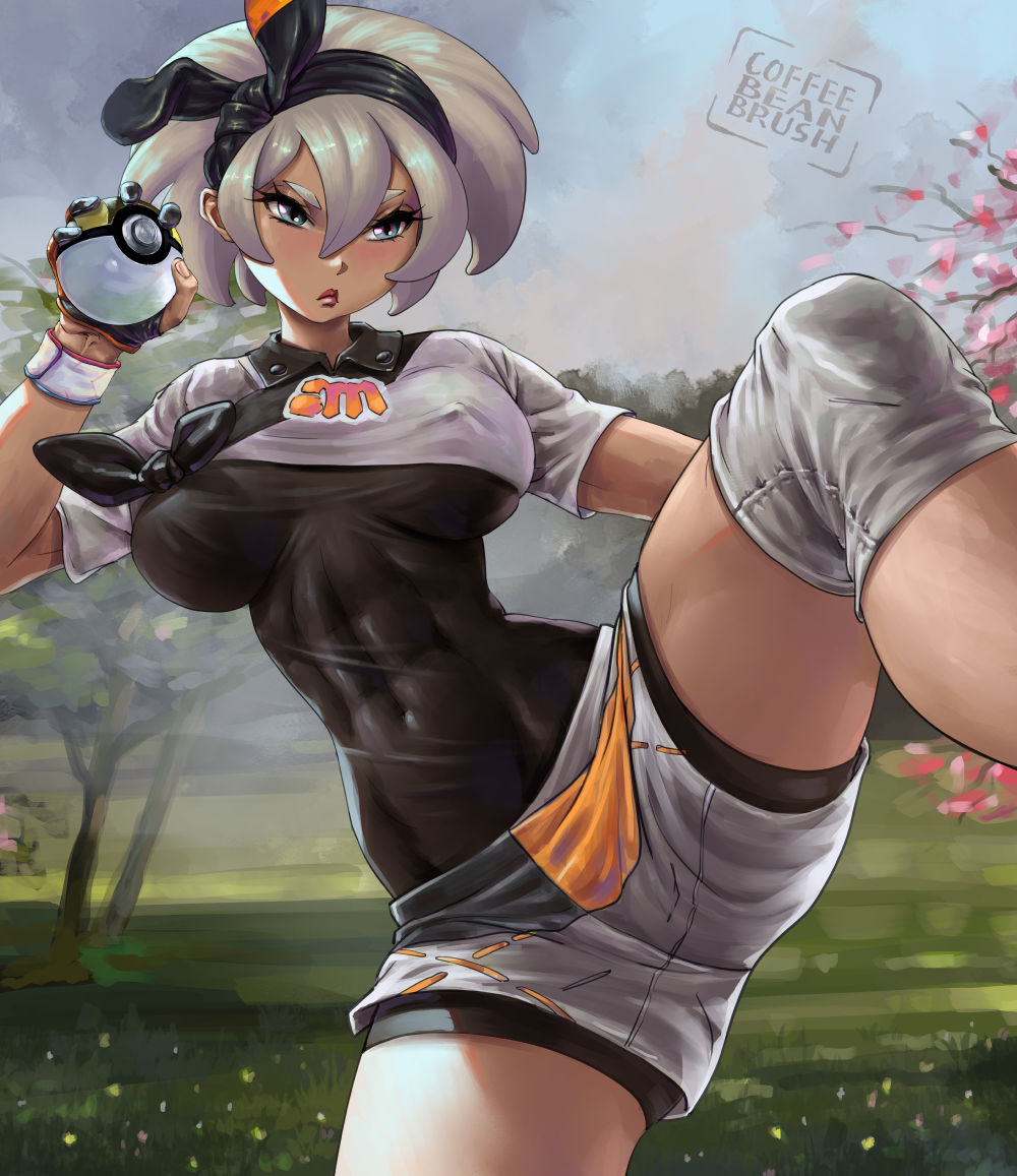 1girl abs alternate_breast_size artist_logo bea_(pokemon) black_bodysuit black_hairband blue_eyes bodysuit bodysuit_under_clothes bow_hairband breasts closed_mouth coffeebeanbrush covered_erect_nipples covered_navel cowboy_shot day fingernails gloves gym_leader hair_between_eyes hairband holding holding_poke_ball impossible_clothes knee_up large_breasts light_blush lips logo looking_to_the_side medium_hair nintendo outdoors partially_fingerless_gloves poke_ball pokemon pokemon_swsh print_shirt print_shorts shirt short_sleeves shorts sidelocks silver_hair solo split spread_legs standing standing_on_one_leg standing_split tan tied_shirt toned toned_female ultra_ball v-shaped_eyebrows watermark wristband