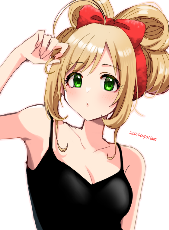 1girl :o ahoge ayaca black_camisole blonde_hair blush bow-shaped_hair bow_hairband breasts camisole cleavage collarbone dated green_eyes hairband idolmaster idolmaster_cinderella_girls looking_at_viewer medium_breasts red_hairband sato_shin sidelocks simple_background solo upper_body white_background
