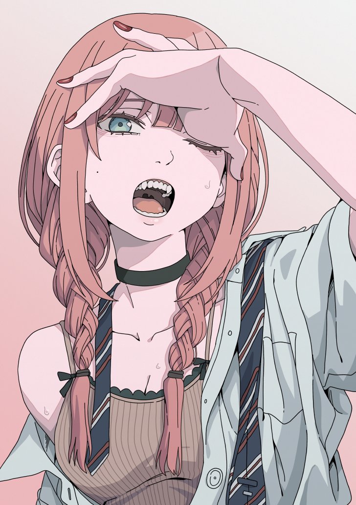 1girl arm_up bags_under_eyes black_choker blue_eyes blue_necktie braid breasts brown_tank_top choker cleavage collarbone collared_shirt commentary_request diagonal-striped_clothes diagonal-striped_necktie fingernails gradient_background grey_shirt hair_over_shoulder hair_tie haku_geroda hand_on_own_head head_tilt long_hair looking_at_viewer low_twin_braids medium_breasts mole mole_on_cheek nail_polish necktie one_eye_closed open_clothes open_mouth open_shirt original pink_background pink_hair red_nails shirt short_sleeves sidelocks single_bare_shoulder single_off_shoulder solo spaghetti_strap striped_clothes sweat tank_top teeth thick_eyelashes tongue turning_head twin_braids undone_necktie upper_body uvula white_background