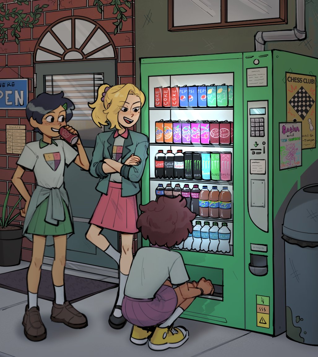3girls amphibia anne_boonchuy asymmetrical_bangs black_hair blonde_hair brown_hair byubiyubi can clothes_around_waist crossed_arms dark-skinned_female dark_skin door drink_can full_body green_skirt hair_ornament hair_scrunchie hairclip jacket looking_at_another marcy_wu mole mole_under_eye multiple_girls open_mouth outdoors parted_lips pink_skirt pleated_skirt ponytail purple_skirt sasha_waybright school_uniform scrunchie short_hair sjms_school_uniform skirt smile socks soda_can squatting standing standing_on_one_leg swept_bangs teeth vending_machine window