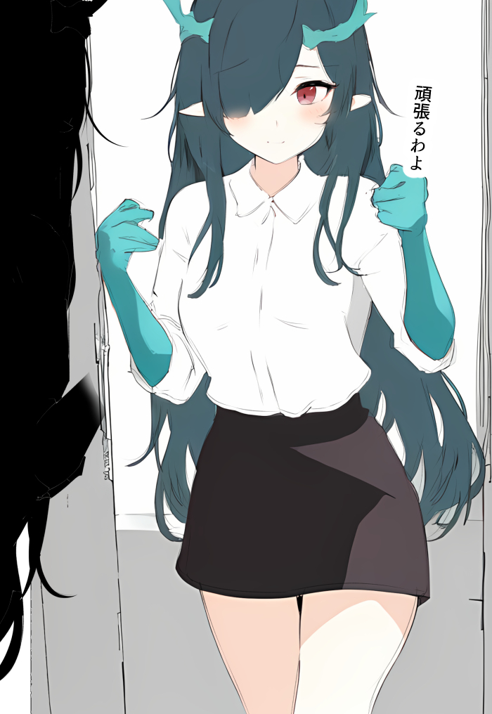 1girl alternate_costume aqua_horns arknights blush brown_skirt closed_mouth collared_shirt commentary_request cowboy_shot dragon_girl dragon_horns dusk_(arknights) green_hair hair_over_one_eye hands_up horns long_hair miniskirt one_eye_covered pencil_skirt raifu_(rf) red_eyes shirt sketch skirt smile solo standing translation_request white_shirt