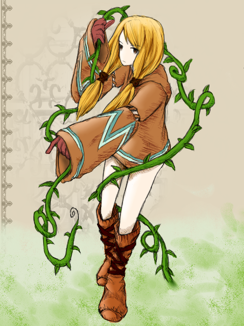 1girl agga blonde_hair boots brown_eyes female_focus final_fantasy final_fantasy_tactics full_body geomancer geomancer_(fft) gloves gradient_background long_hair plant solo vines