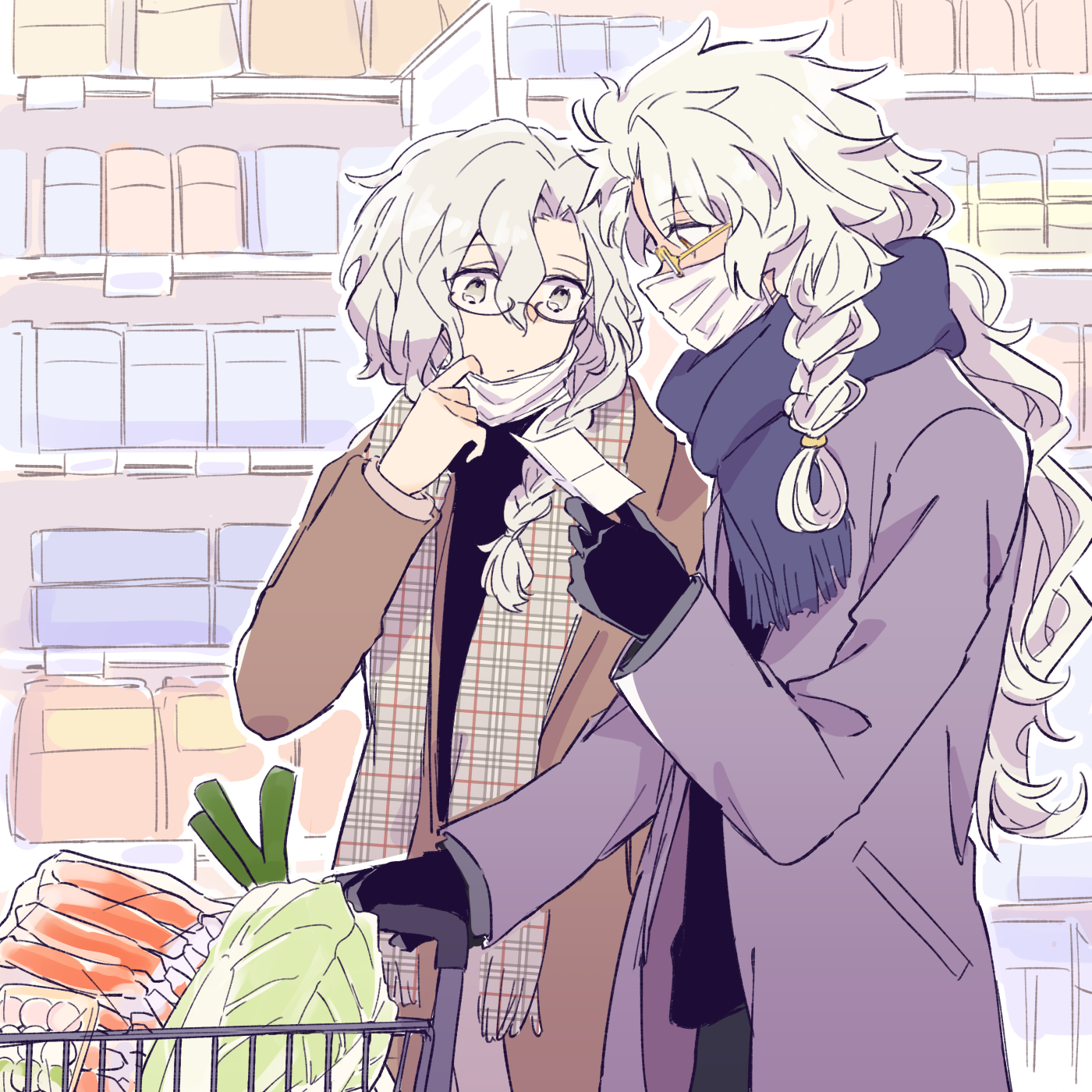 2boys alternate_costume black_gloves black_shirt blue_scarf braid brown_coat coat curtained_hair dango dark-skinned_male dark_skin fate/grand_order fate_(series) food glasses gloves grey_coat grey_eyes grey_scarf groceries hair_between_eyes hair_over_shoulder highres holding holding_paper kak_hac lettuce long_hair long_sleeves looking_at_object male_focus marisbury_animusphere mask mask_pull mouth_mask multiple_boys outline paper plaid_clothes plaid_scarf pushing_cart reading sanshoku_dango scarf semi-rimless_eyewear shelf shirt shopping shopping_cart side_braid single_braid solomon_(fate) spring_onion supermarket under-rim_eyewear very_long_hair wagashi white_hair white_mask white_outline yellow-framed_eyewear yellow_eyes