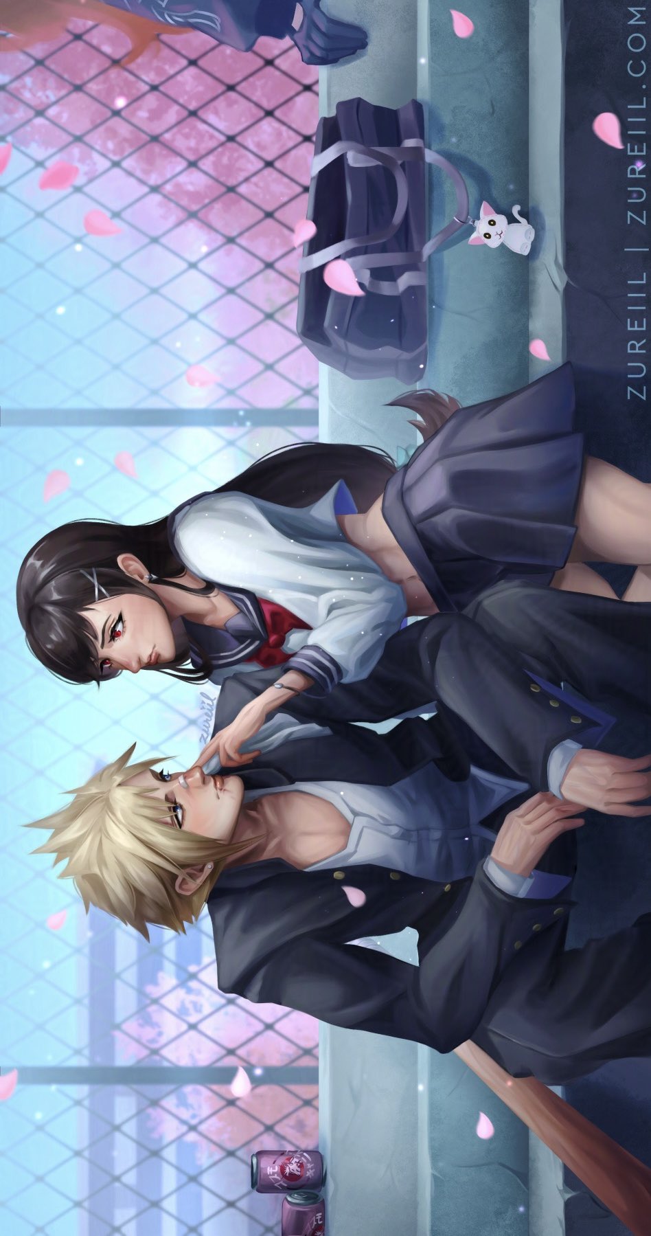 1boy 1girl bag bandaid bandaid_on_face bandaid_on_nose baseball_bat black_hair black_jacket black_pants blonde_hair blue_eyes blue_sailor_collar blue_skirt blue_sky cherry_blossoms closed_mouth cloud_strife cloud_strife_(midgard_seventh_high_school) collarbone commentary couple delinquent earrings english_commentary falling_petals feet_out_of_frame final_fantasy final_fantasy_vii final_fantasy_vii_ever_crisis finger_to_another&#039;s_cheek gakuran hair_behind_ear hair_ornament hairclip highres jacket jewelry lips long_hair long_sleeves looking_at_another midriff midriff_peek navel neckerchief official_alternate_costume open_clothes open_jacket pants petals pink_lips pink_petals pleated_skirt red_eyes red_neckerchief rooftop sailor_collar school school_uniform serafuku shirt short_hair sideways single_earring sitting skirt sky spiked_hair tifa_lockhart tifa_lockhart_(midgard_seventh_high_school) white_serafuku white_shirt zureiil