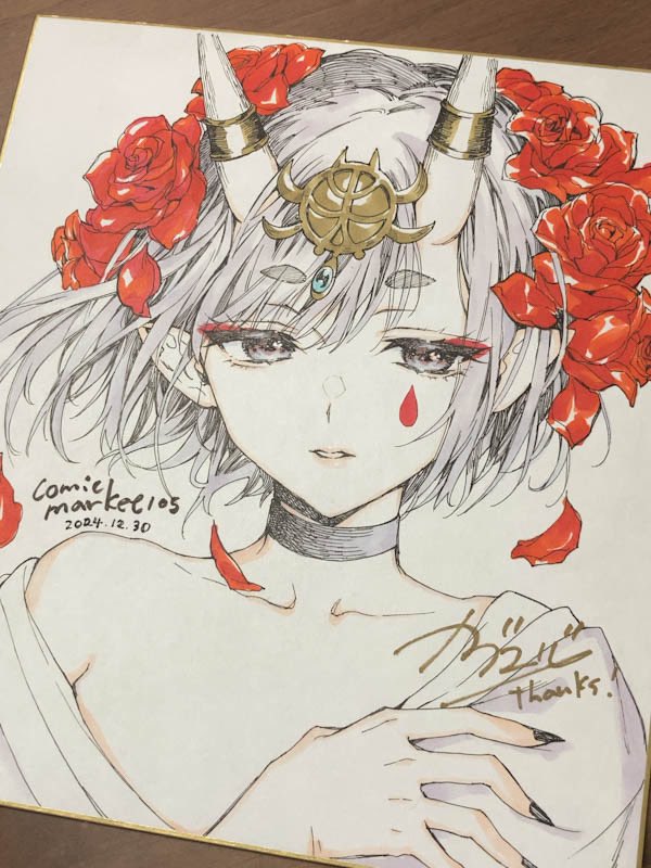 1girl choker collarbone comiket_105 commentary_request fate/grand_order fate_(series) fingernails flower hair_flower hair_ornament headpiece horn_ornament horn_ring horns japanese_clothes kaguyuzu kimono long_fingernails oni parted_lips petals photo_(medium) red_flower rose shikishi short_hair shuten_douji_(fate) single_bare_shoulder skin-covered_horns solo teardrop_facial_mark traditional_media upper_body