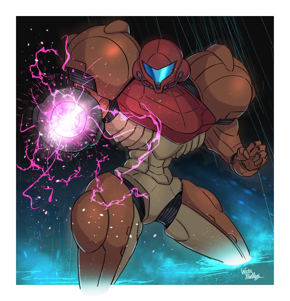 arm_cannon armor border cowboy_shot electricity metroid nintendo orange_armor partially_submerged power_suit_(metroid) powering_up samus_aran solo wakaba_(wata_ridley) weapon white_border