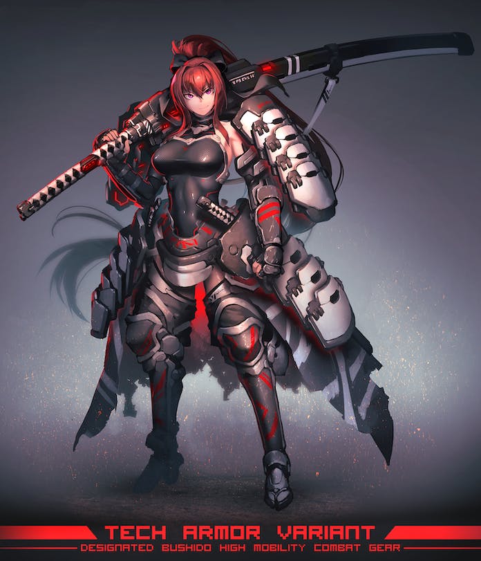 1girl arm_armor armor black_leotard breasts commission covered_navel english_text fingerless_gloves full_body gloves grey_background hetza_(hellshock) large_breasts leg_armor leotard long_hair looking_at_viewer original ponytail purple_eyes red_hair sheath sheathed shoulder_armor skeb_commission solo sword very_long_hair weapon
