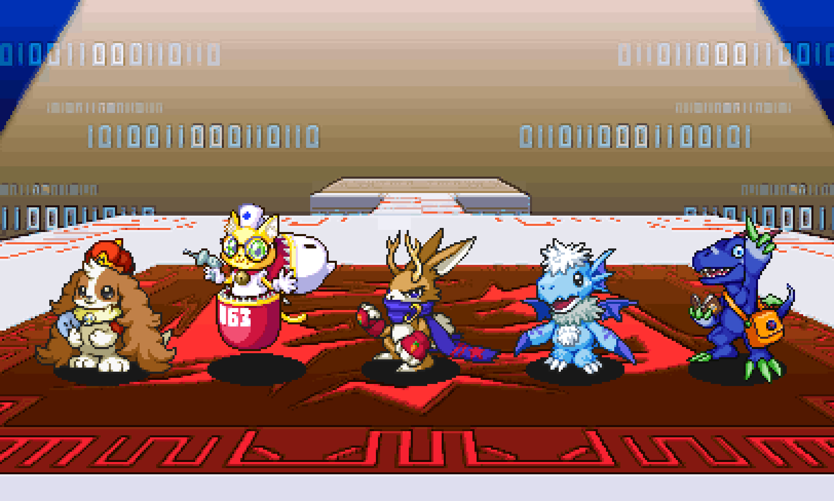 aequcedramon bird book cat claws commentary crow digimon dog dragon energy_gun floating ganvivormon glasses highres horns madomon nurse pixel_art plasmi pyontomon ray_gun rurimon scarf skull symbol-only_commentary tail weapon