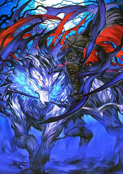 1boy animal animal_focus ascot bare_tree belt black_belt black_cape black_jacket blue_background blue_eyes blue_fire blue_sky boots breath_weapon breathing_fire brown_boots cape collared_cape fate/grand_order fate_(series) fire fog full_body full_moon glowing glowing_eyes headless hessian_(fate) horseback_riding jacket lobo_(fate) long_sleeves looking_at_viewer male_focus moon mouth_hold night official_art oversized_animal red_ascot red_cape riding sharp_teeth simosi sky solid_eyes solo teeth third-party_source torn_cape torn_clothes tree two-sided_cape two-sided_fabric variant_set waist_cape weapon wing_collar wolf