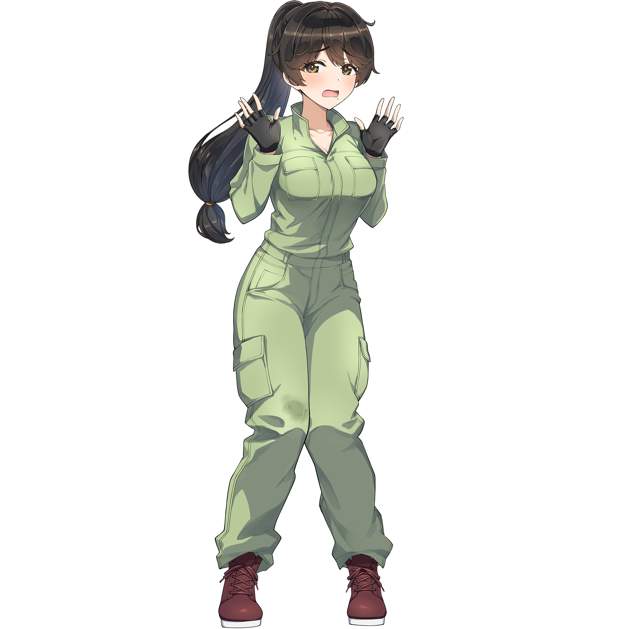 1girl boots breasts brown_boots brown_eyes brown_hair dolphin_wave fingerless_gloves game_cg gloves green_jumpsuit hands_up highres jumpsuit long_hair looking_at_viewer mole mole_on_breast mole_under_mouth nervous_sweating non-web_source official_alternate_costume official_art ootomo_takuji open_mouth ponytail solo sweat transparent_background yamaba_yume