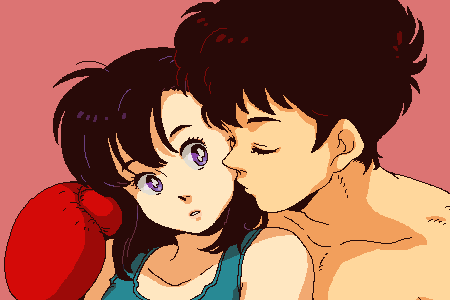 1boy 1girl arm_around_shoulder bare_shoulders black_hair boxing_gloves character_request check_character dan_hayasaka dramatica closed_eyes hetero imminent_kiss kamisama_wa_southpaw looking_at_another lowres pink_background upper_body yukari_kudo
