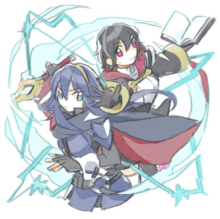 2girls batoson54 black_hair blue_eyes blue_hair book cape falchion_(fire_emblem) fire_emblem fire_emblem_awakening holding holding_book lightning lucina_(fire_emblem) female_morgan_(fire_emblem) multiple_girls nintendo red_eyes tiara