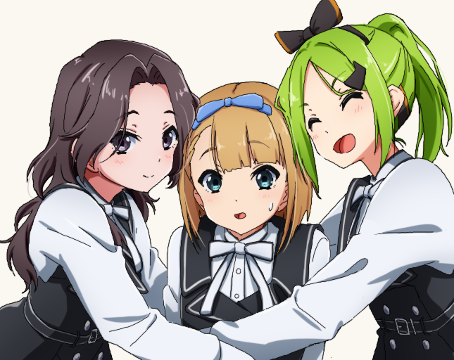 22/7 3girls :d ^_^ asymmetrical_bangs belt black_belt black_dress blonde_hair blue_bow blue_hairband bob_cut bow bow_hairband buttons closed_eyes closed_mouth double-breasted dress green_eyes green_hair grey_eyes grey_hair hair_bow hair_intakes hair_ornament hairband hairclip half_updo high_ponytail hug igashiko inverted_bob keisanchuu_new_costume kiryu_touko long_hair long_sleeves looking_at_viewer multiple_girls neck_ribbon oekaki open_mouth orihara_sumika parted_bangs pinafore_dress ponytail ribbon saito_nicole shirt shirt_under_dress short_hair simple_background sleeveless sleeveless_dress smile sweatdrop two-tone_bow two-tone_hairband white_background white_ribbon white_shirt